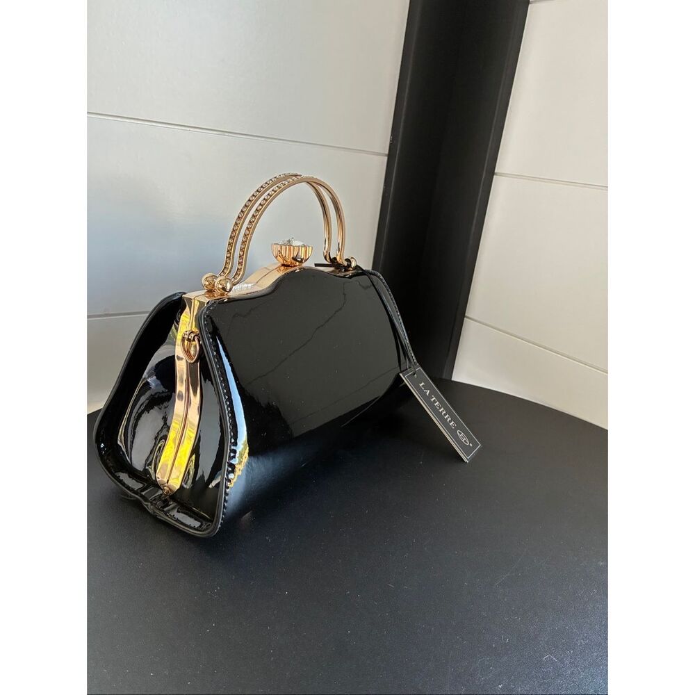 La Terre Black Woman’s Vegan Handbag Purse Jewel Snap Closure Handle & Strap 11”